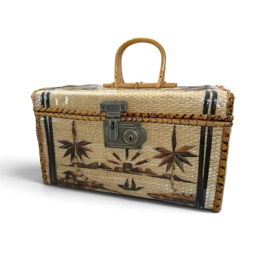 Vintage Rattan bamboo Train Travel Case Jewelry Makeup Sewing Lock